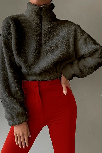Mad&Calf Hanorac scurt oversize, cu umăr jos, din pluș, afumat, cu jumătate de fermoar