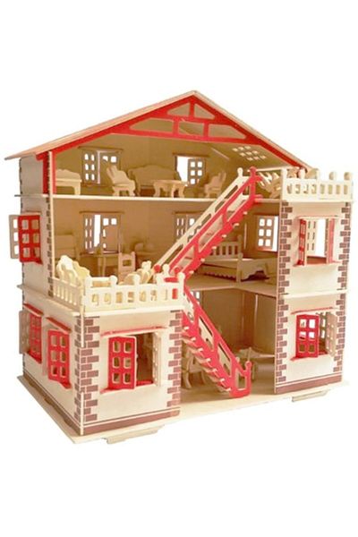 Çağrı Large Size Wooden Model Playhouse + 15 Pieces of Wooden Furniture Model with Gift