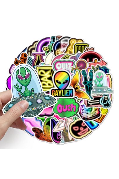 CajuArt Neon Style Quality Pvc Sticker - 50 Pieces, Non Repeated, Ornamental 010