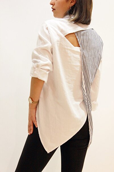 butiksinope Patıskha Lıfe 3569 Arkası Yırtmaç Detaylı Beyaz Kadın Gömlek