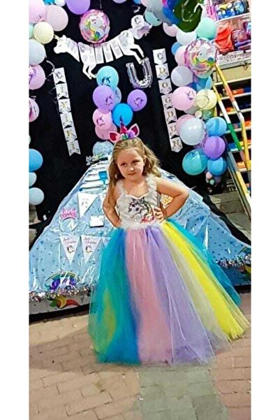 Parti Selesi Tarlatanlı Renkli Unicorn Çocuk Kostümü - Taç Hediyeli Unicorn K...