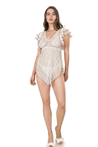 Siyah İnci Ecru Lace Nightgown Set