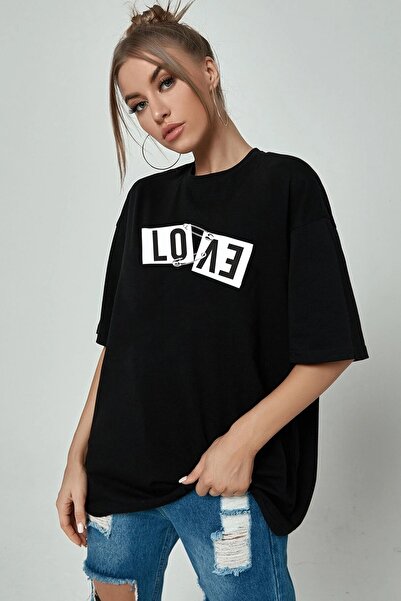 Harmandar - - Μπλουζάκι Unisex Love Love Μαύρο Oversize