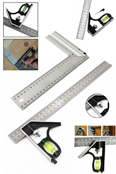 Binbirreyon Kombine Metrik Gönye Alüminyum Su Terazili 2'li Set 300mm 45-90 Derece Ce028