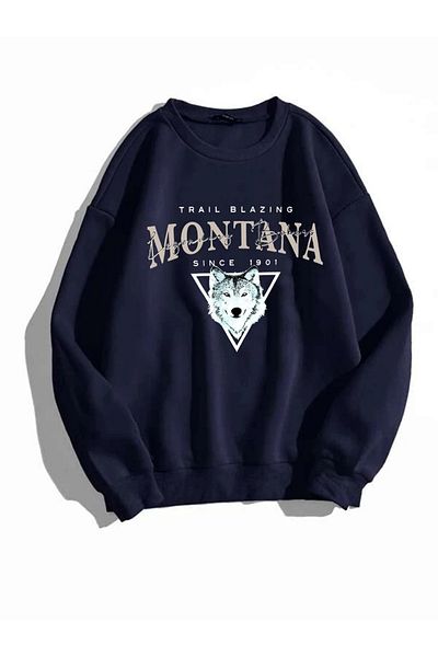 MANCY Φούτερ με στάμπα Unisex Navy Blue Montana Wolf