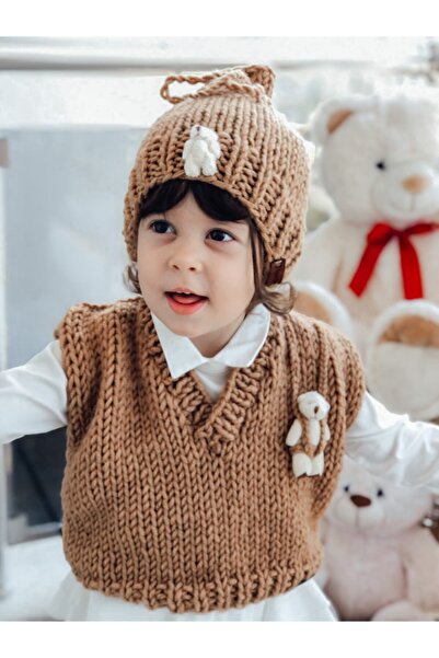 ORGANICMIRA Çocuk Ayıcıklı Kahverengi Unisex Örgü Süveter Peluş Ayı Yelek
