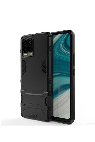 Microcase Realme 8 Uyumlu  Alfa Armor Standlı Perfect Koruma Kılıf - Siyah