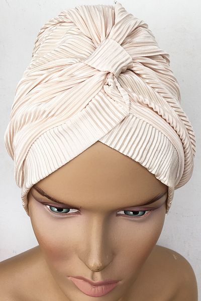 Vera Καπό Efruz Ready Turban Cross Banded Lined Hijab Bonnet Beige Cream Πλισέ ύφασμα Γυναικείο καπό