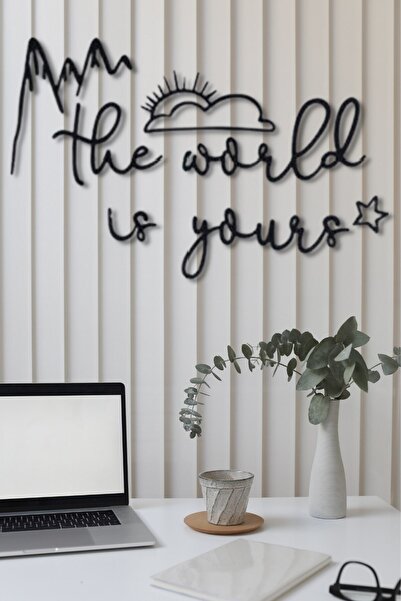 NT Handmade Siyah Ahşap The World Is Yours Duvar Yazısı Dekoru Salon Oturma O...