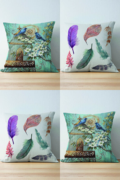 Nish & Royal 4-Piece Double Sided Bird and Feather Combination Modern Decorat...