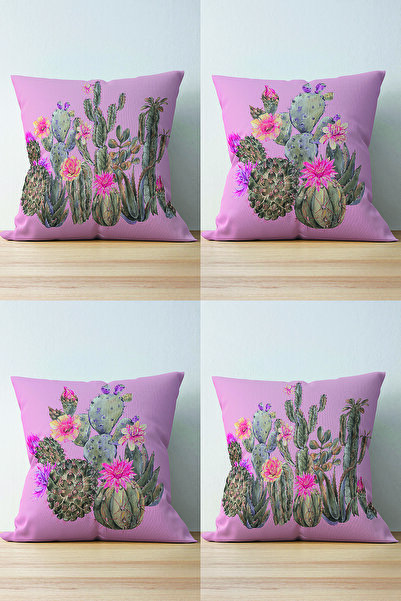 Nish & Royal 4-Piece Double Sided Colorful Cactus Patterned Modern Suede Pill...