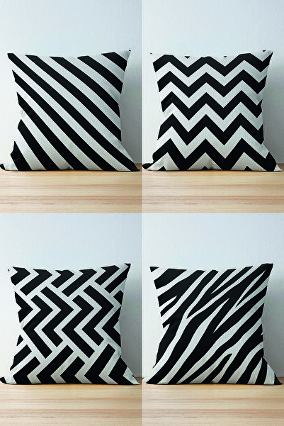 Nish & Royal 4-Piece Double Sided Black and White Geometric Suede Pillow Thro...
