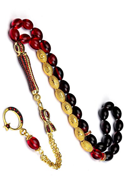 OTTOTESBİH Altın Kaplama Gümüş Püsküllü Gümüş Harfli Kırmızı Siyah Ateş Kehribar Tesbih