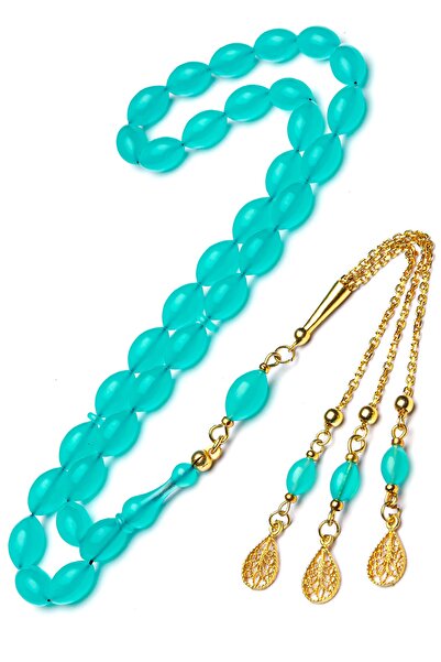 OTTOTESBİH Altın Kaplama Gümüş Püsküllü 7x11mm Arpa Kesim Uçak Camı Tesbih