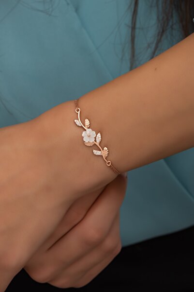 Nereze 925 Ayar Gümüş Zirkon Taşlı Yaprak Manolya Çiçeği Bileklik