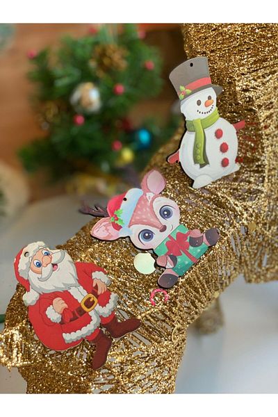 QUEEN AKSESUAR New Year Christmas Special Wooden Pine Tree Ornament Santa Claus Deer Snowman Set of 3