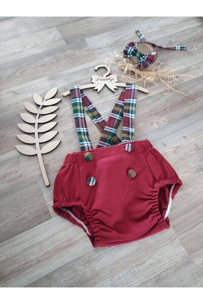 Feriatolye Burgundy Plaid Strap Baby Boy Salopet, Stylish and Comfortable Des...