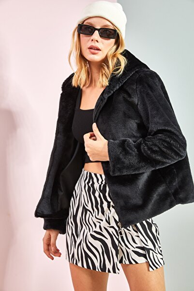 Bianco Lucci Kadın Kapüşonlu Peluş Kürk Mont