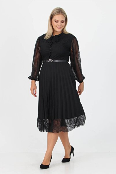 XXL BUTİK Kadın Yakası Bağlama Detaylı Büyük Beden Elbise Mkds11