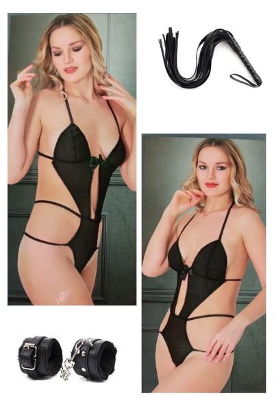 3'lü Set Fantazi Kadın Dantelli Sex Gecelik Uzun Siyah Kırbaç Peluş Deri Metal Detaylı Kelepçe