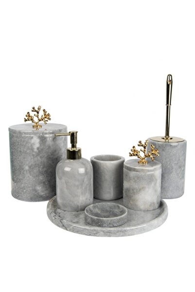 marandmore طقم حمام رخام رمادي رولين 7 قطع - مرجاني ذهبي