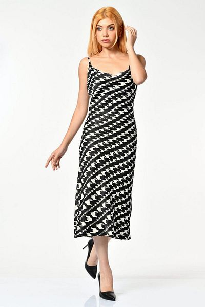 FİRST CHANCE Rochie de damă din satin cu model Houndstooth - neagră