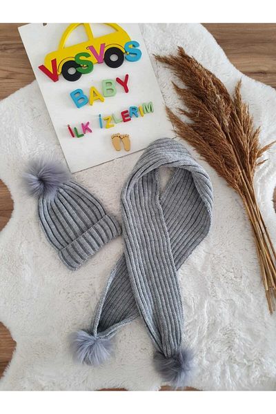 VOSVOSBABY Set eșarfă și beretă gri cu pompon