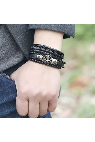 Gogoey Men's Leather Bracelet Steel Metal Silver Bracelet Tree of Life Leaf Black Men's Gift Jewelry