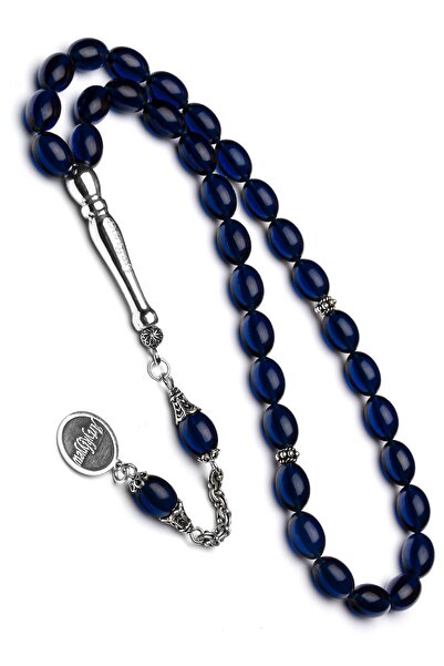 OTTOTESBİH Erkek Hediye Gümüş Püsküllü 8x12mm Gece Mavisi Ateş Kehribar Tesbih