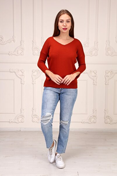 MA ananas Pulover de damă cu decolteu în V, brodat manual, cu mâneci cu fante