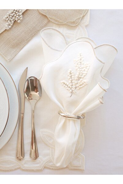 CALLA BREEZE Mimoza Nakışlı Dilimli Dekoratif Peçete-gümüş Rengi Piko Dikişli