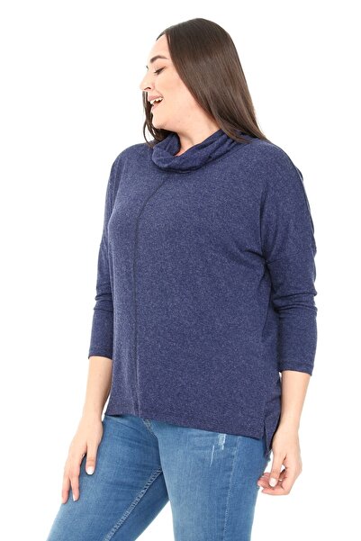 DISENTIS MODEST Μπλούζα με σκίσιμο γιακά Degaje με λεπτομέρεια από μάλλινη βισκόζη, μπλε ναυτικό