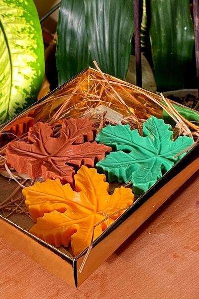 FANTASTİK SANAT ATÖLYESİ Dekoratif Hediyelik Sonbahar Esintili Vintage Kokulu, 3'lü Turuncu-yeşil-kahve Yaprak Banyo Sabunu