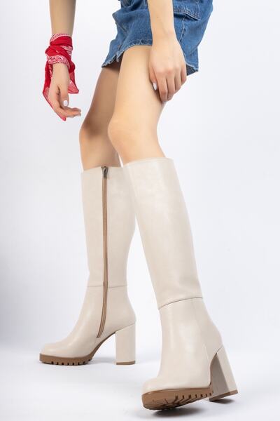 PASSAGE SHOES 7009 Bej Cilt Fermuarlı Topuklu Kadın Çizme