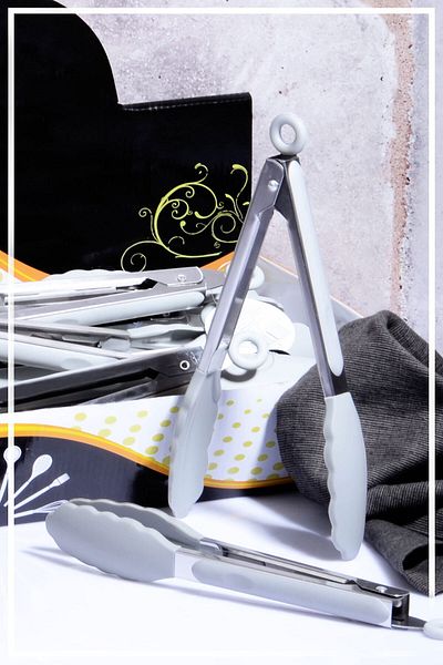 HAZARPAZAR Metal Handle Silicone Tongs with Lock System - Smoked