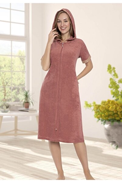 ESRATEKS Önü Fermuarlı Kerpiç Renk, Kapüşonlu Havlu Elbise