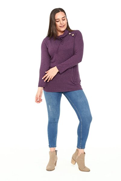 DISENTIS MODEST Büyük Beden Ipli Degaje Yaka Omuzda Düğme Detaylı Yün Viskon Mürdüm Bluz