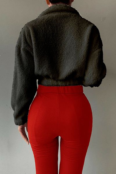 Mad&Calf Hanorac scurt oversize, cu umăr jos, din pluș, afumat, cu jumătate de fermoar