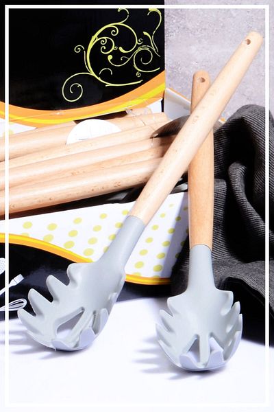 HAZARPAZAR Bamboo Handle Silicone Spaghetti & Salad Spoon Smoked
