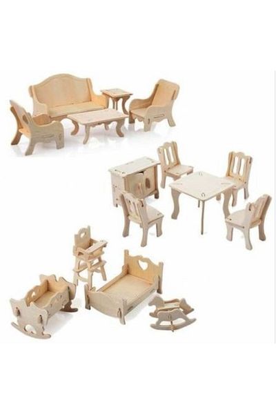 Çağrı Large Size Wooden Model Playhouse + 15 Pieces of Wooden Furniture Model with Gift
