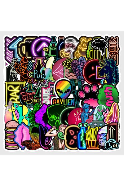 CajuArt Neon Style Quality Pvc Sticker - 50 Pieces, Non Repeated, Ornamental 010