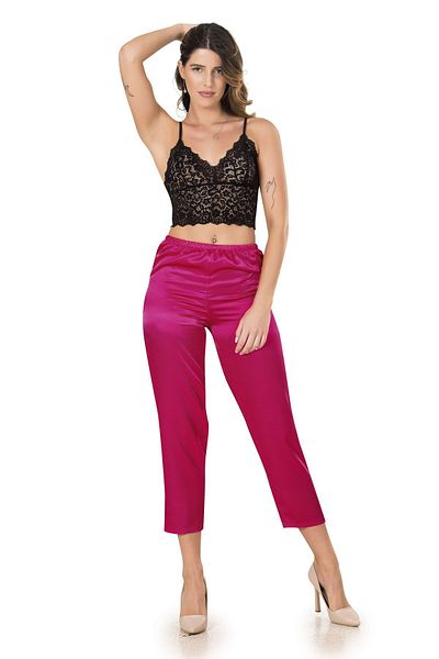 Siyah İnci Fuchsia Lace Satin Pajama Set with Bralette