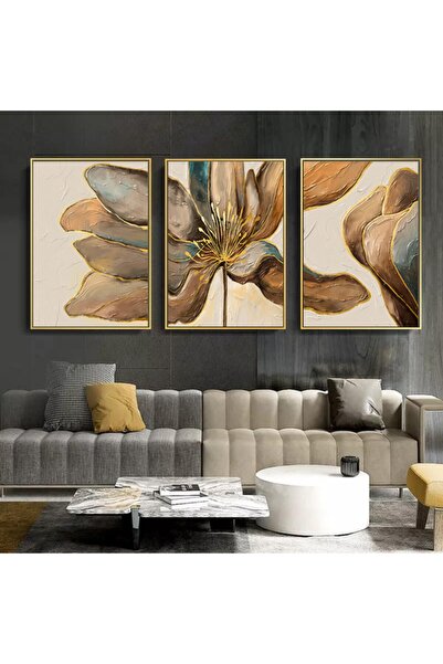 Markazip Altın Metal Çerçeveli 50x70cm Üçlü Kahverengi Soyut Çiçek Kanvas Tablo Kod: Lx554-k-a