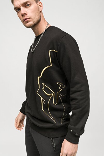 Sıfır Yaka Sweatshirt Siyah Kask Baskılı Erkek