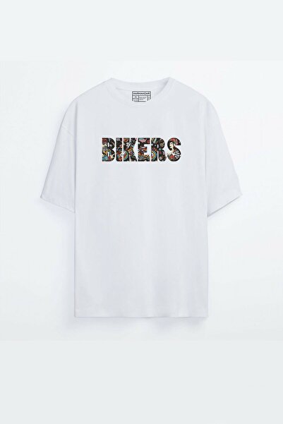 Harmandar تي شيرت أبيض كبير الحجم للجنسين - مطبوع عليه بيكرز (MOTORCU).