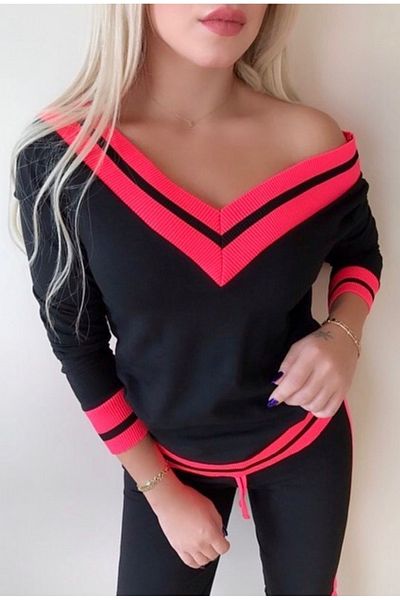 lovebox Γυναικεία αθλητική φόρμα με λαιμόκοψη νέον ροζ βάρκα και γυναικεία αθλητική φόρμα 036.