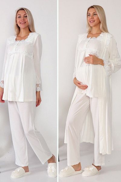 lohusahamile Lace Detailed Ecru Long Maternity Pajamas Set with Dressing Gown 2601