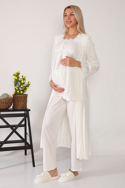 lohusahamile Lace Detailed Ecru Long Maternity Pajamas Set with Dressing Gown 2601