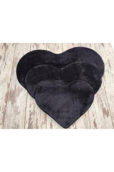 Bonny Home Set covoraș de baie din 3 bucăți, negru, inimă, Set de scaune de toaletă anti-alunecare Pufidik