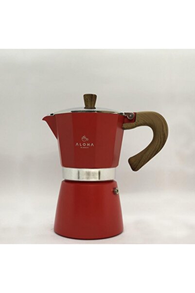 ALOHA Ahşap Kulplu 3 Cups Moka Pot - 180 Ml Moka Pot 3 Cups-moka Pot Kırmızı